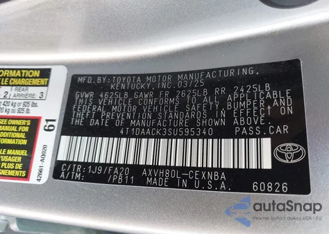 2025 Toyota Camry Le z USA, uszkodzony, nr VIN 4T1DAACK3SU595340